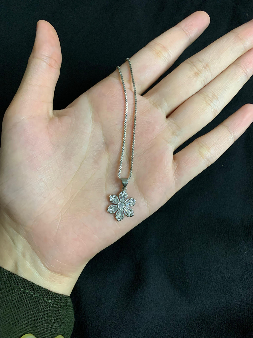 Sparkling Crystal Flower Pendant Necklace on Sterling Silver Box Chain