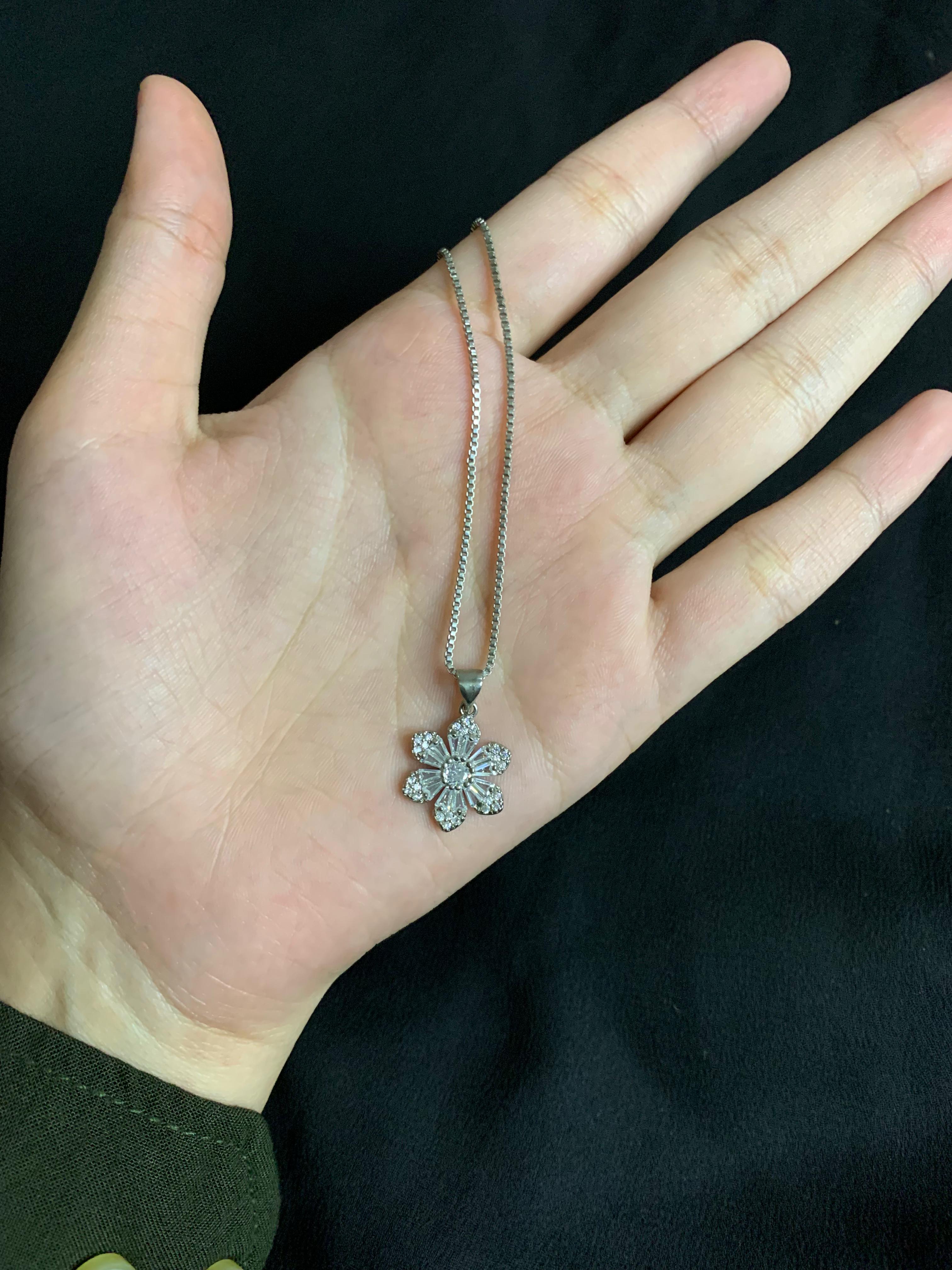 Sparkling Crystal Flower Pendant Necklace on Sterling Silver Box Chain